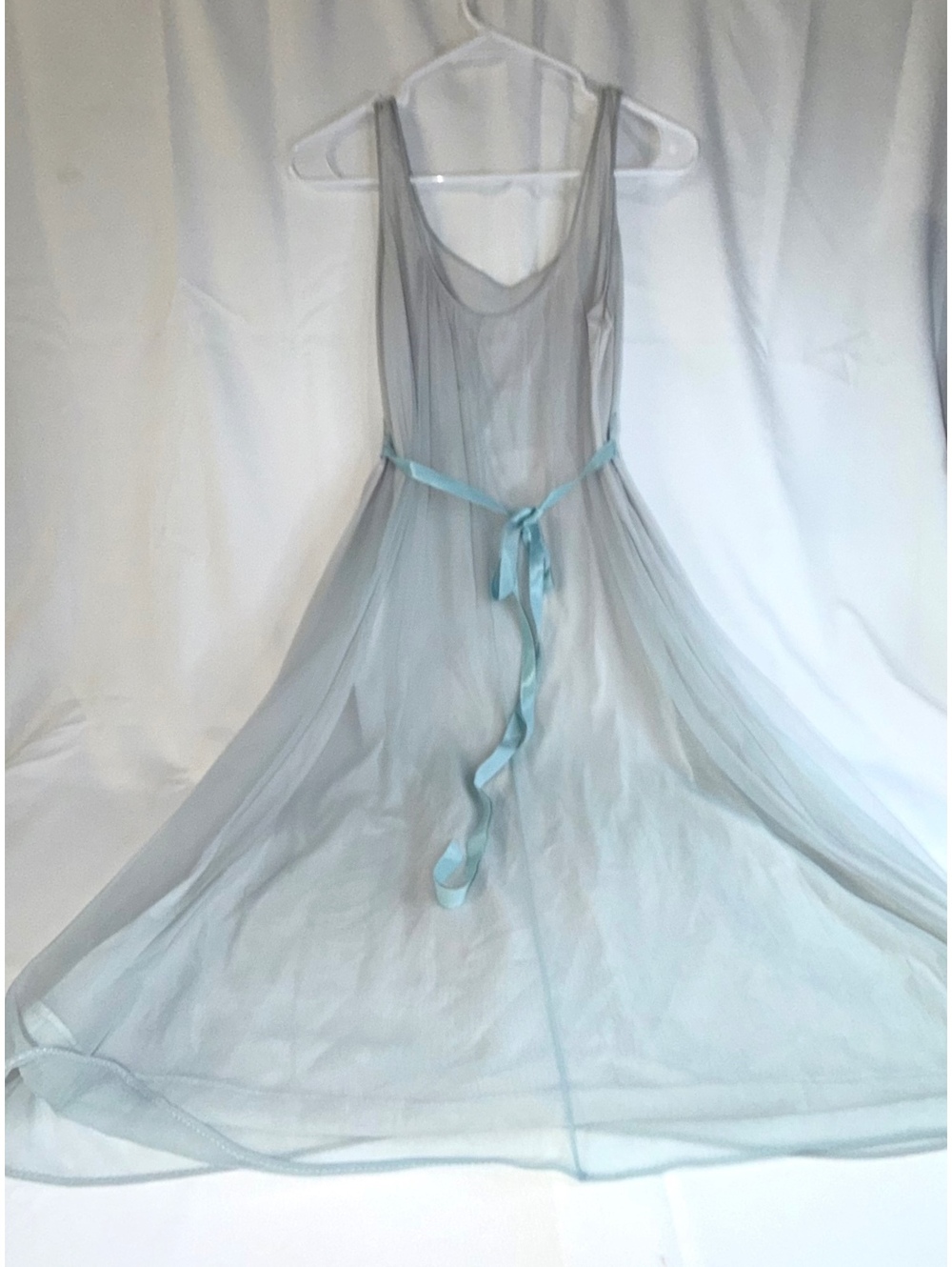 Vintage Light Blue Sheer Dress with Floral Embroidery and Ribbon Belt